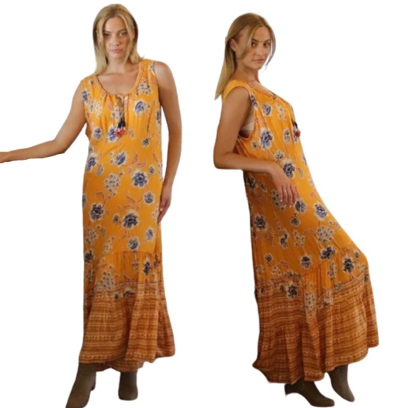 Nostalgia Floral Print Maxi Dress NWT • Yellow White • Tassels Scoop V-Neck Boho - Picture 1 of 3